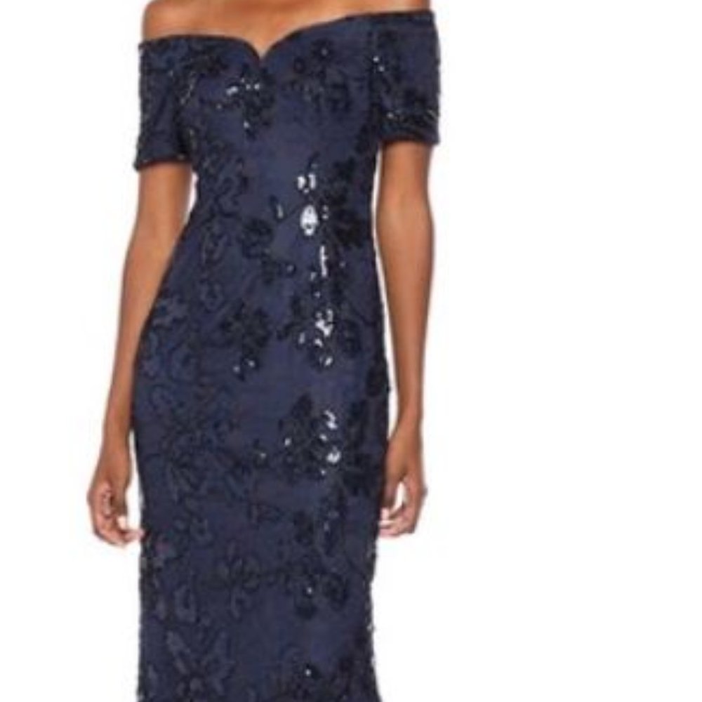 Adrianna Papell Off The Shoulder Sequin Column Gown (Navy) with short sleeve